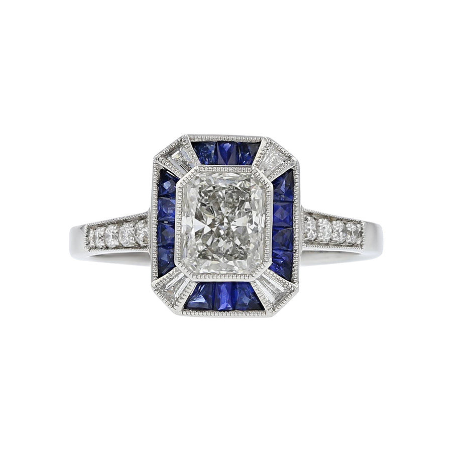 Platinum Radiant Diamond and Sapphire Ring