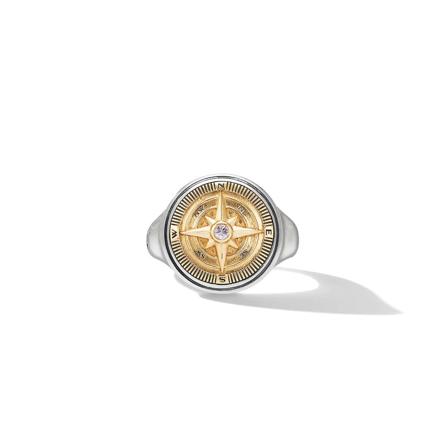 Maritime Compass Signet Ring in Sterling Silver with 18K Yellow Gold and Center Diamond