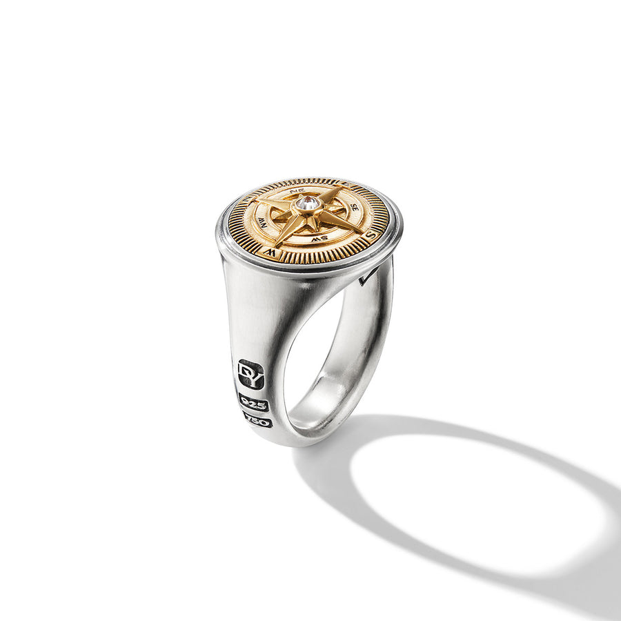 Maritime Compass Signet Ring in Sterling Silver with 18K Yellow Gold and Center Diamond