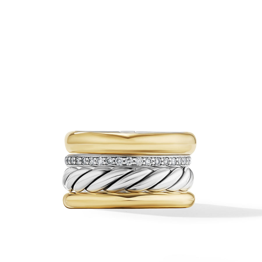DY Mercer Multi Row Ring in Sterling Silver with 18K Yellow Gold and Pave Diamonds