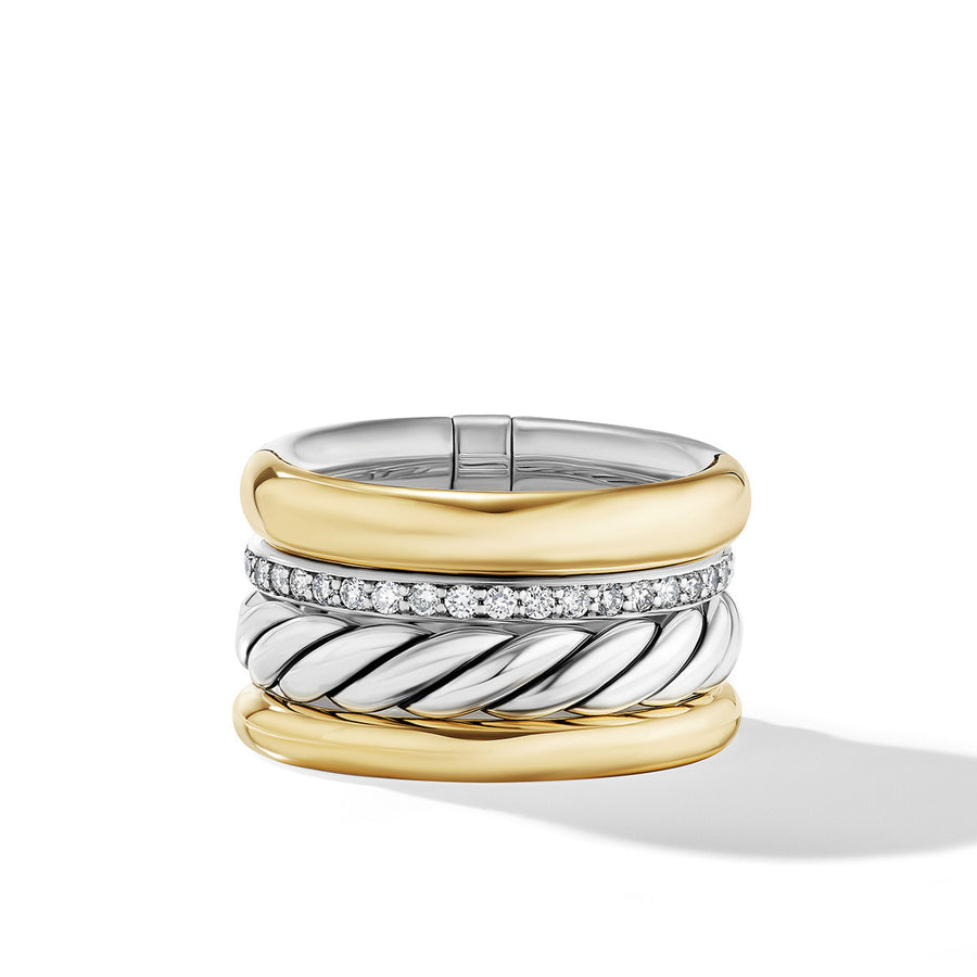 DY Mercer Multi Row Ring in Sterling Silver with 18K Yellow Gold and Pave Diamonds