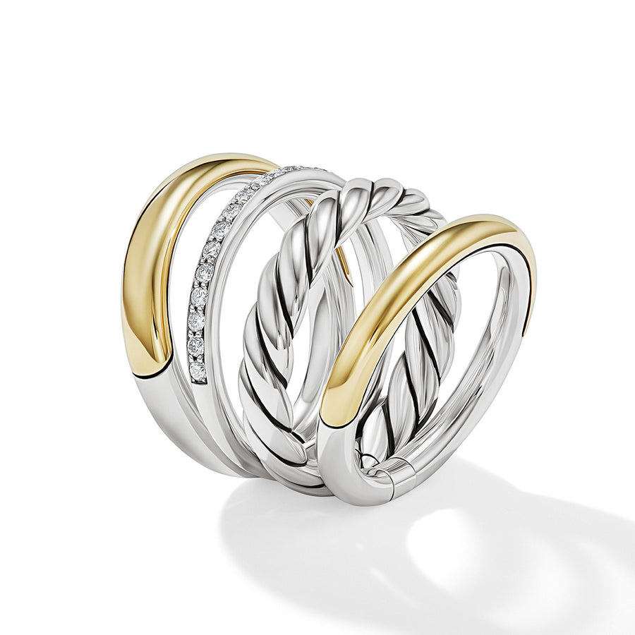 DY Mercer Multi Row Ring in Sterling Silver with 18K Yellow Gold and Pave Diamonds