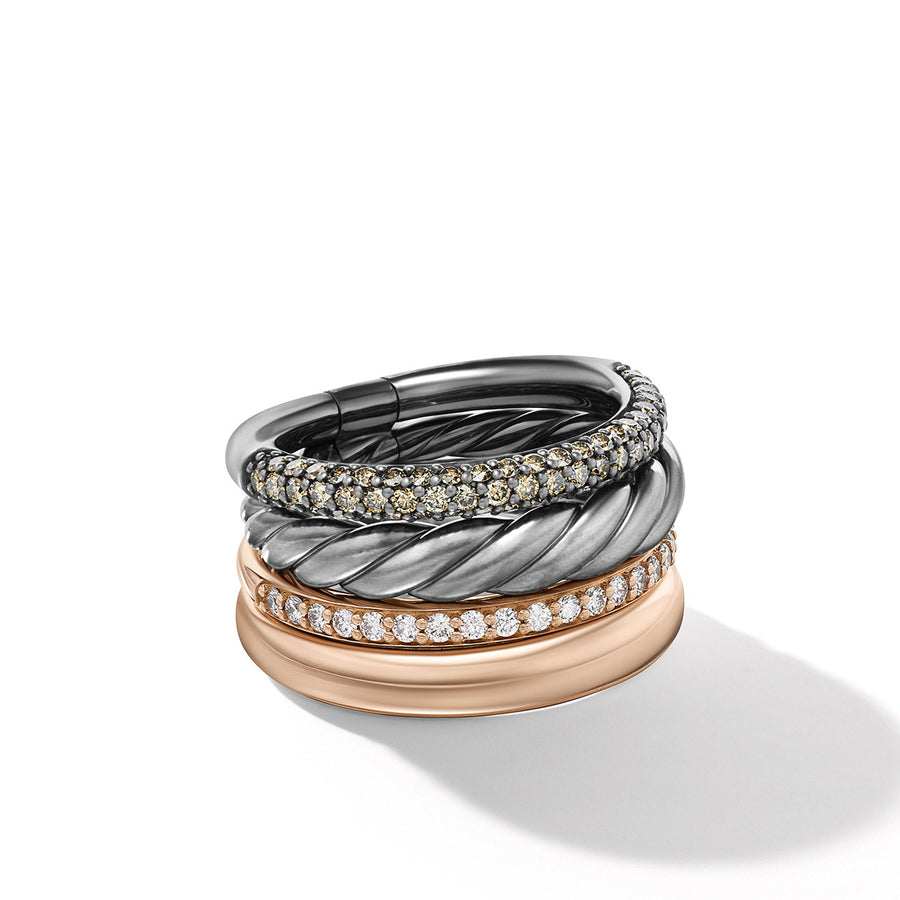 DY Mercer Melange Multi Row Ring in Sterling Silver with 18K Rose Gold and Pave Diamonds