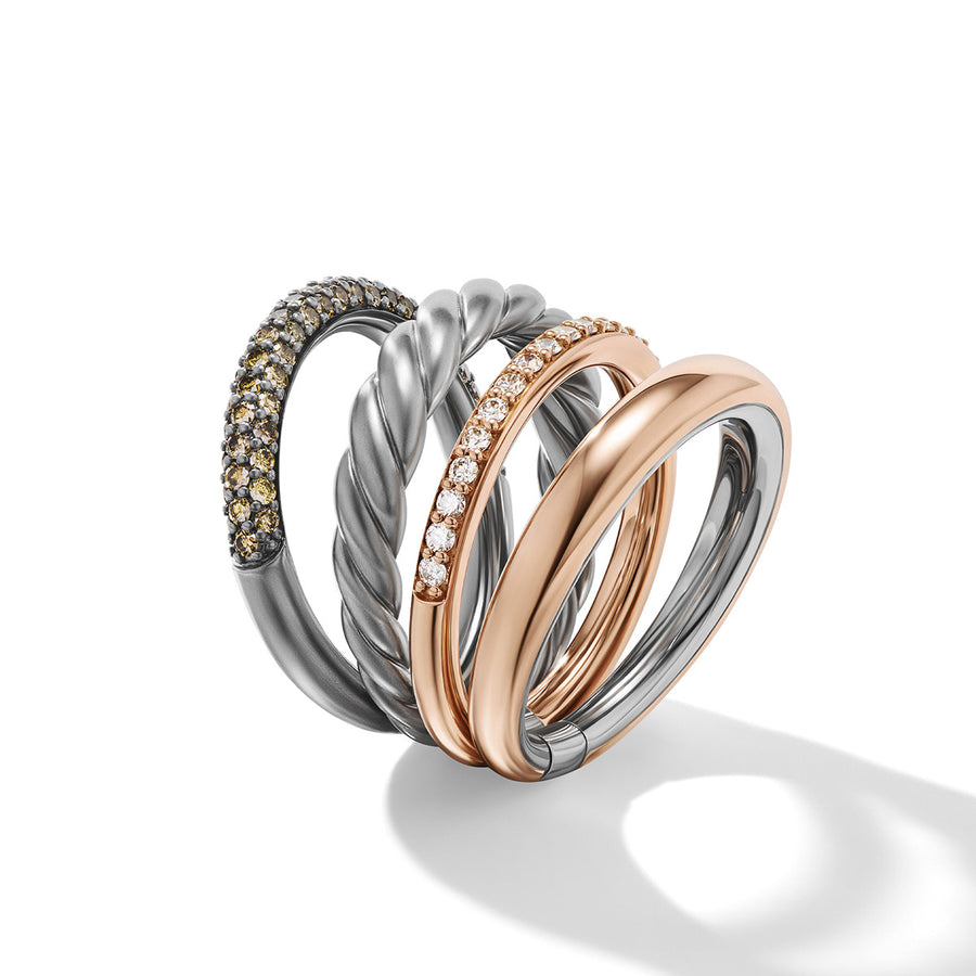 DY Mercer Melange Multi Row Ring in Sterling Silver with 18K Rose Gold and Pave Diamonds