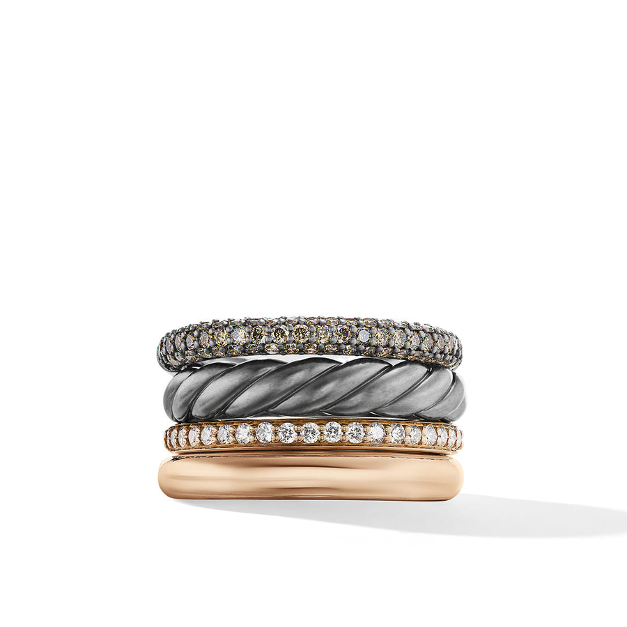 DY Mercer Melange Multi Row Ring in Sterling Silver with 18K Rose Gold and Pave Diamonds