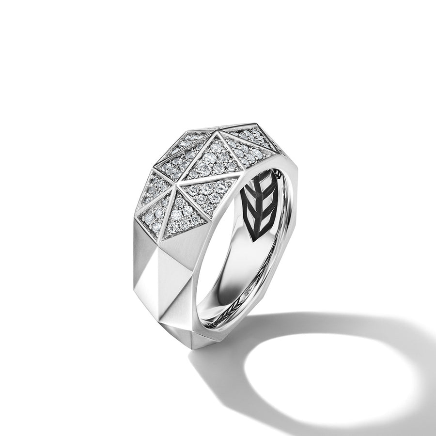 Torqued Faceted Signet Ring in Sterling Silver with Pave Diamonds