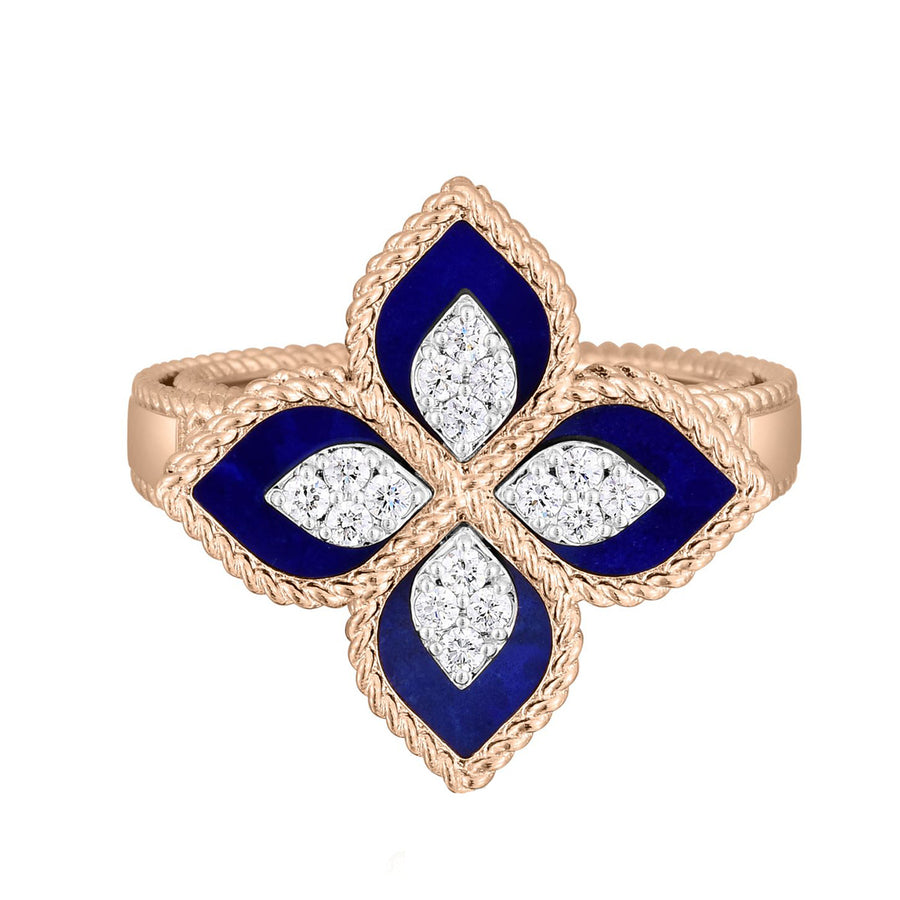 18K Rose and White Gold Blue Lapis and Diamond Flower Ring