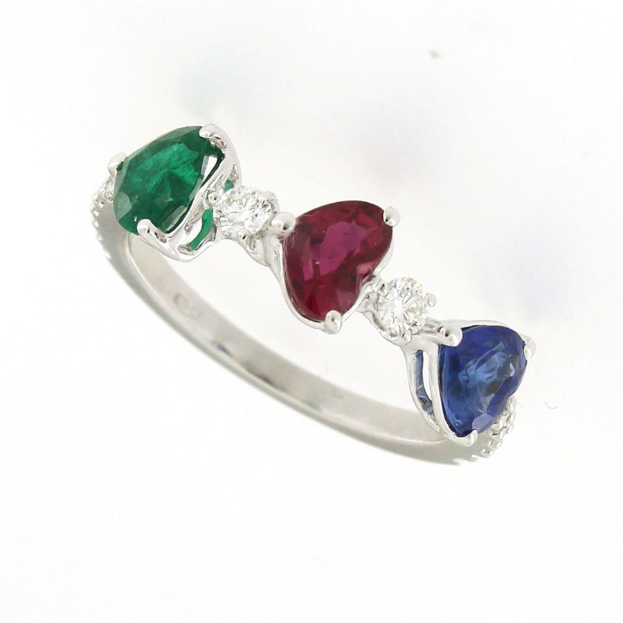 Triple Heart Emerald, Ruby, Sapphire and Diamond Ring