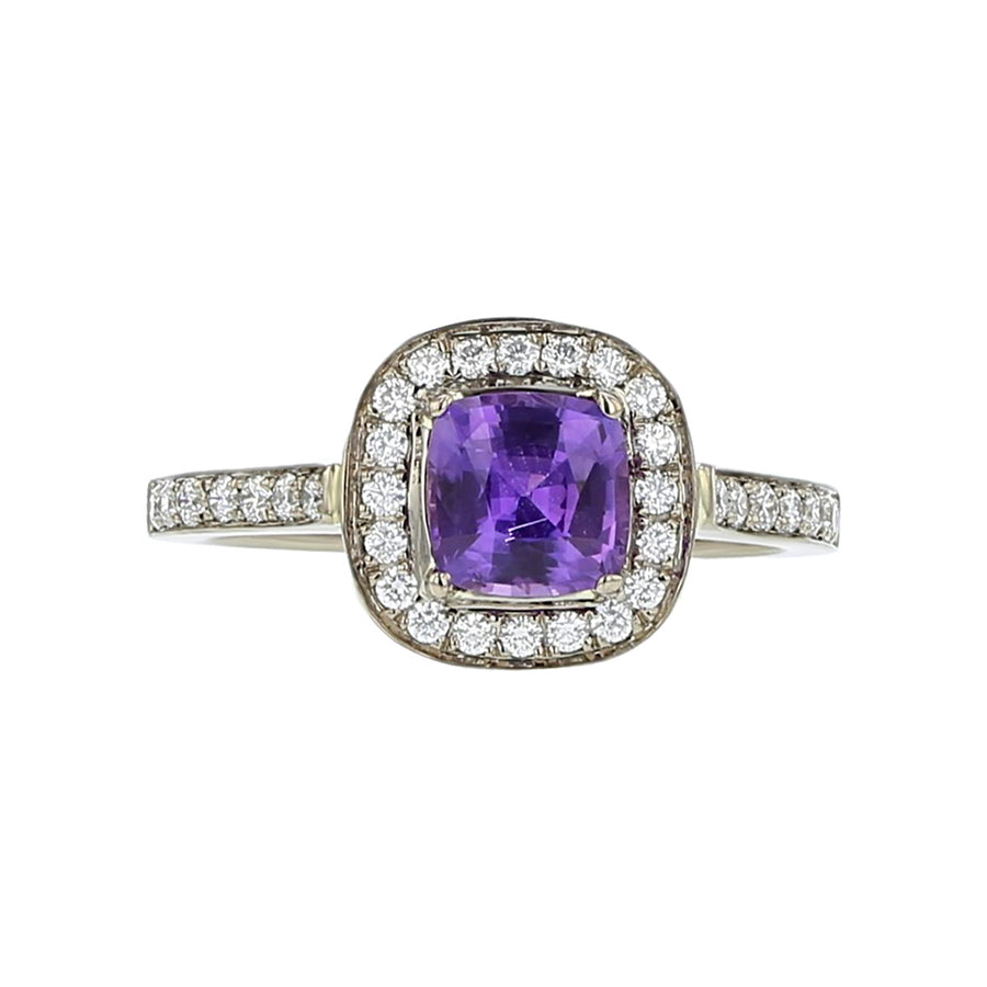 18K Gold Purple Sapphire and Diamond Halo Ring