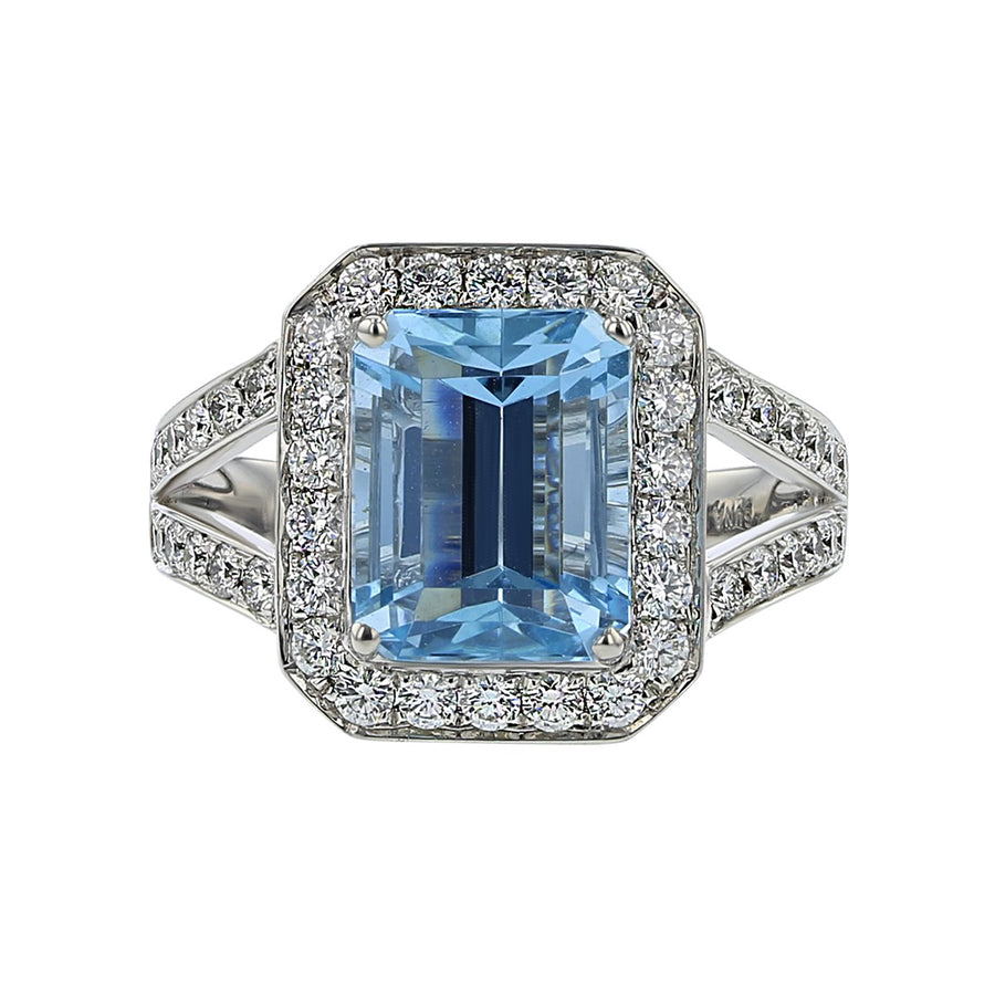 Emerald-Cut Aquamarine and Diamond Ring