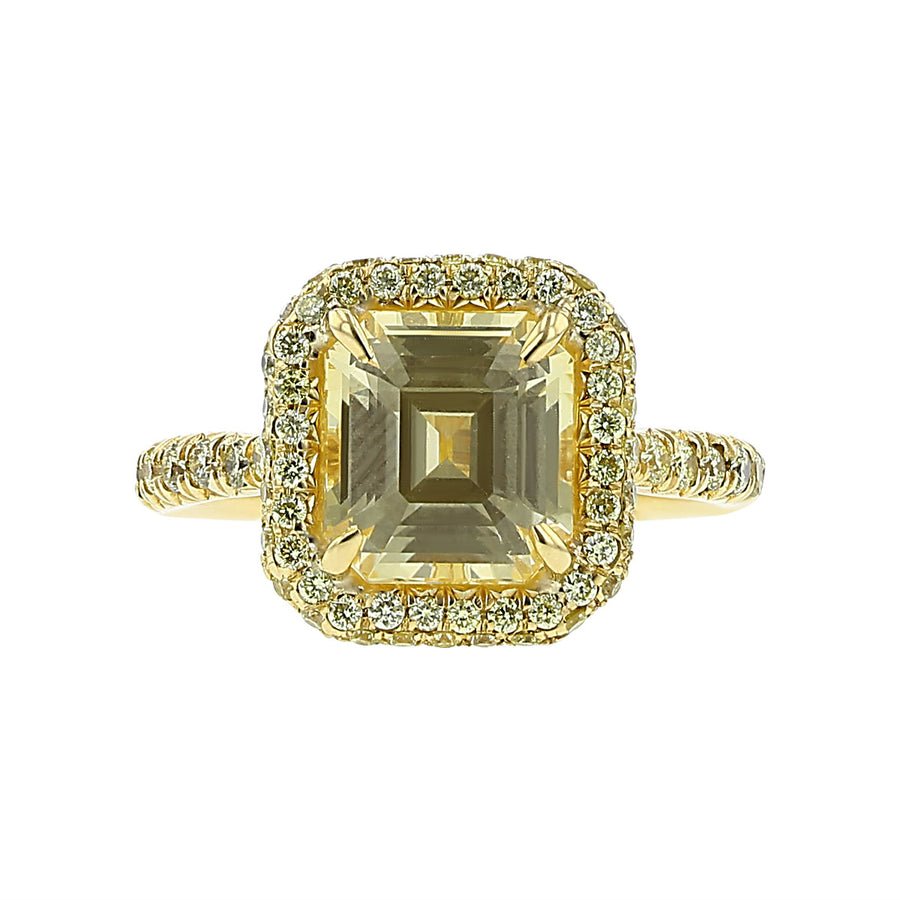 Emerald-Cut Yellow Sapphire and Diamond Halo Ring