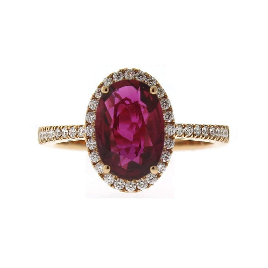 18K Rose Gold Oval Ruby and Diamond Halo Ring