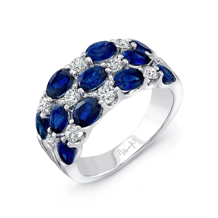 Three-Row Oval Blue Sapphire and Round Diamond Band