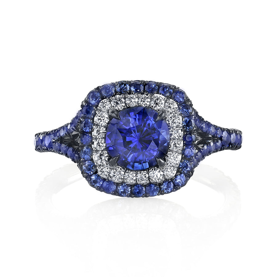Platinum Blue Sapphire and Diamond Halo Ring