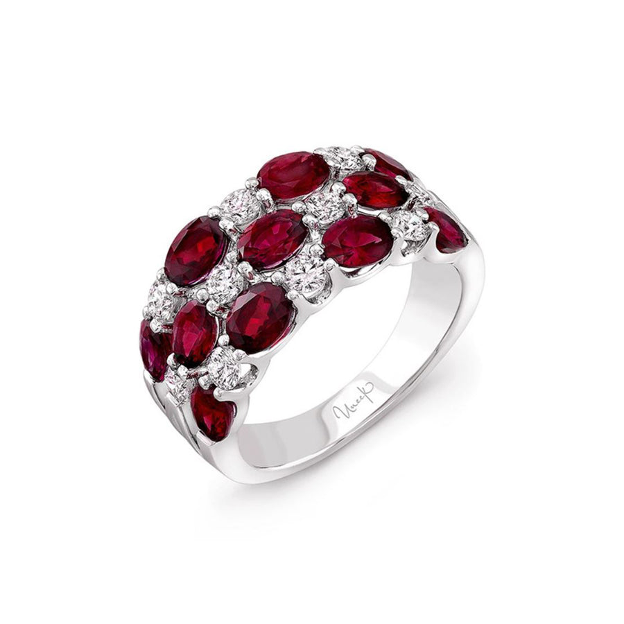 3-Row Oval Ruby and Round Diamond Band