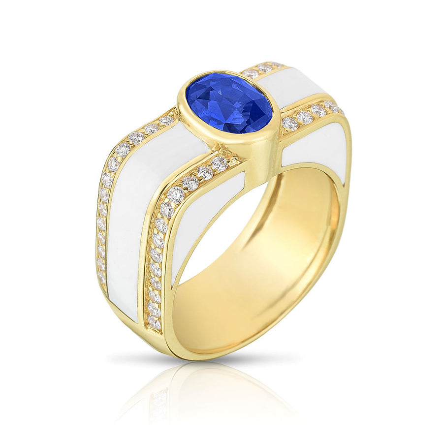 18K Yellow Gold White Enamel Sapphire and Diamond Ring