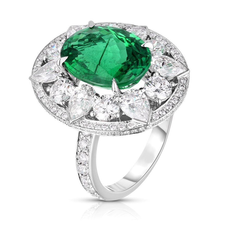 Platinum Brazilian Emerald and Diamond Halo Ring