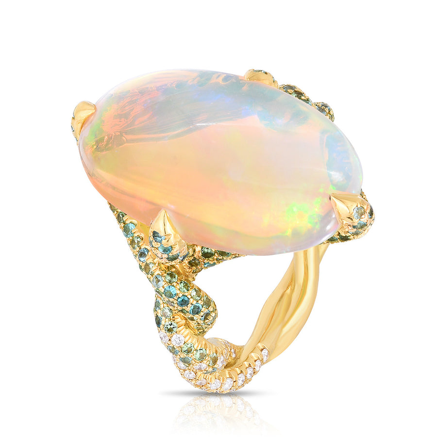Opal, Tsavorite, Tourmaline, and Diamond Ring