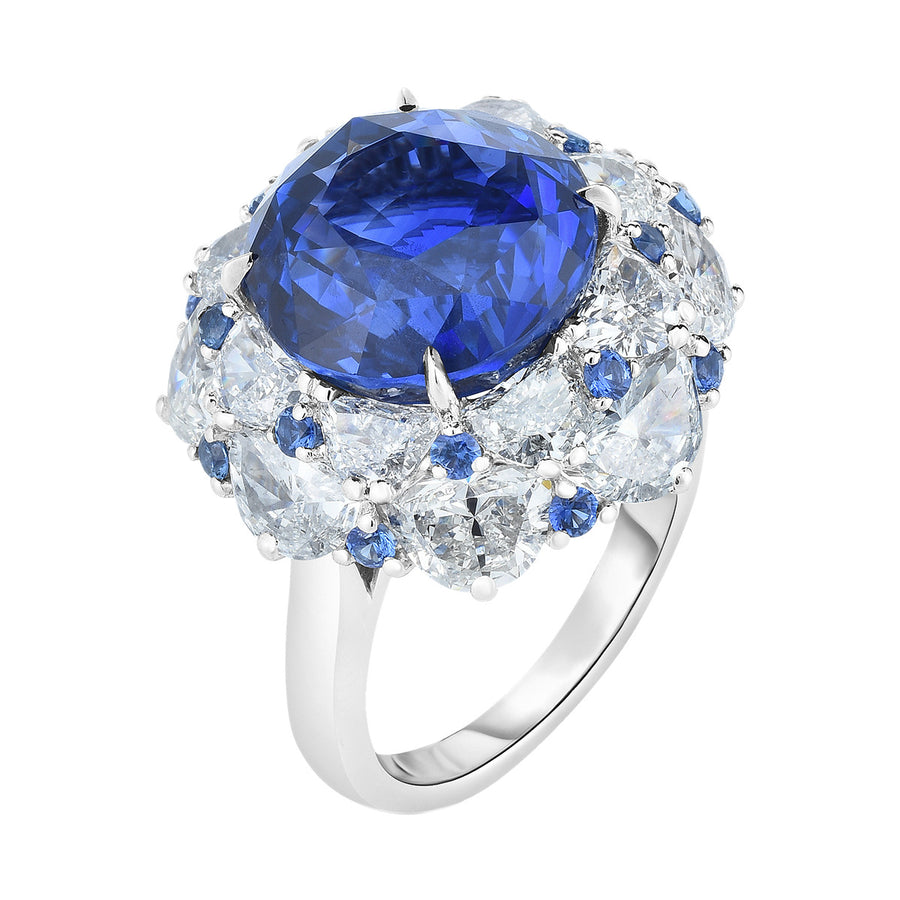 Blue Sapphire and Half Moon Diamonds Ring