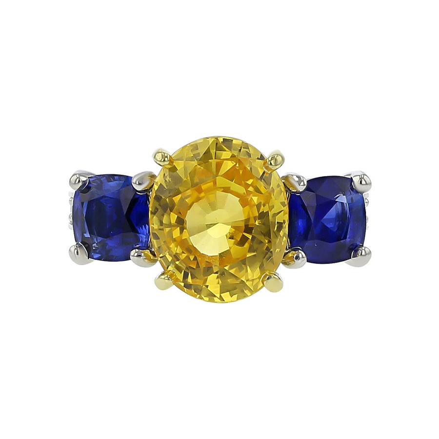 Yellow and Blue Sapphire 3-Stone Ring with Diamonds