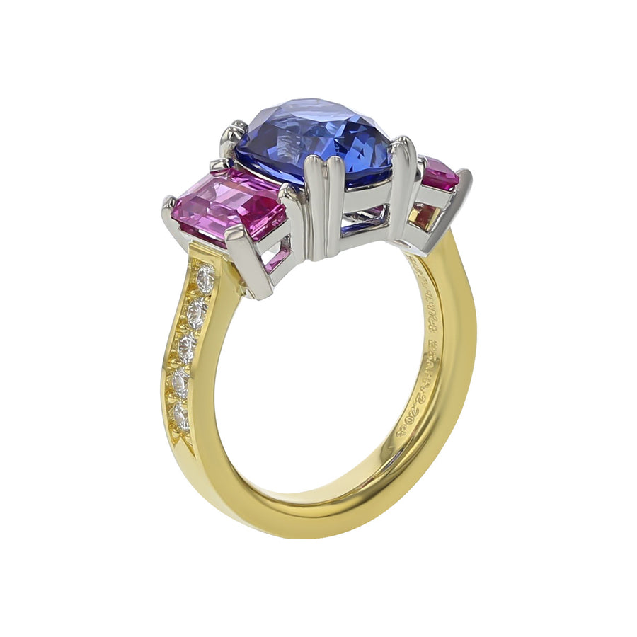 Blue and Pink Sapphire 3-Stone Ring with Diamonds