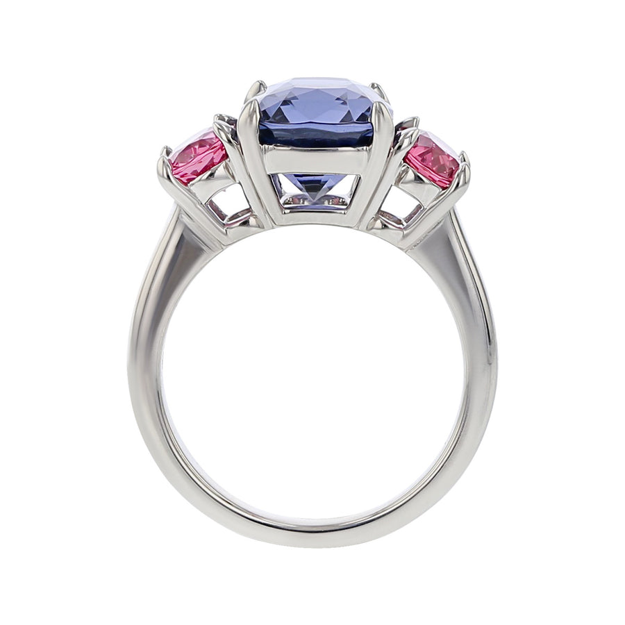 Platinum Blue Spinel and Pink Spinel 3-Stone Ring
