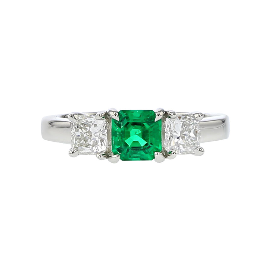 Cushion-cut Colombian Emerald and Diamond 3-Stone Ring