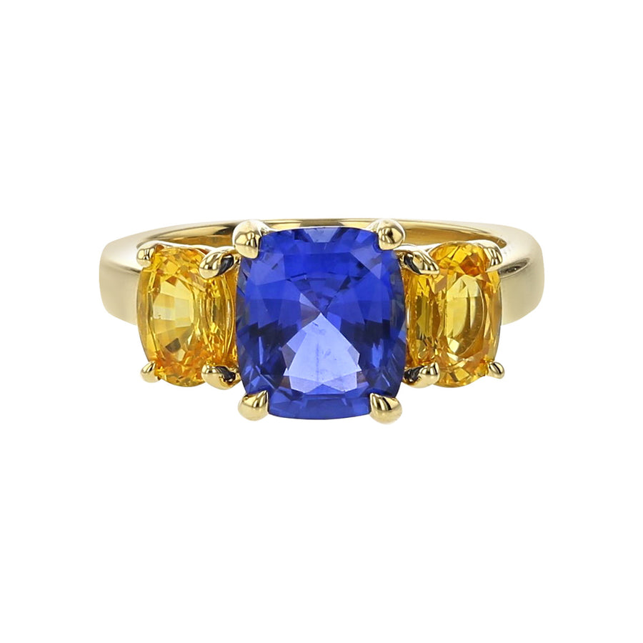 18K Gold Blue and Orange Sapphire 3-Stone Ring