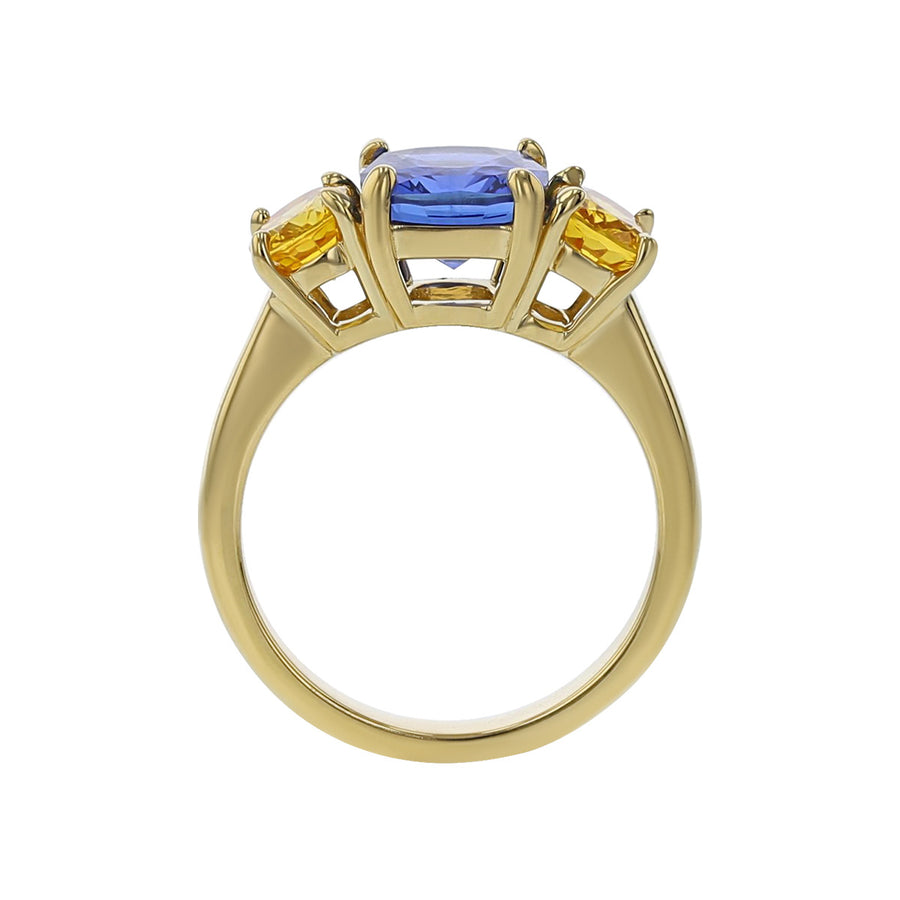18K Gold Blue and Orange Sapphire 3-Stone Ring