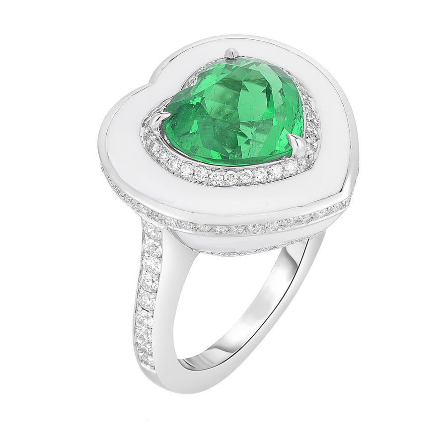 Platinum, White Enamel, Emerald and Diamond Ring