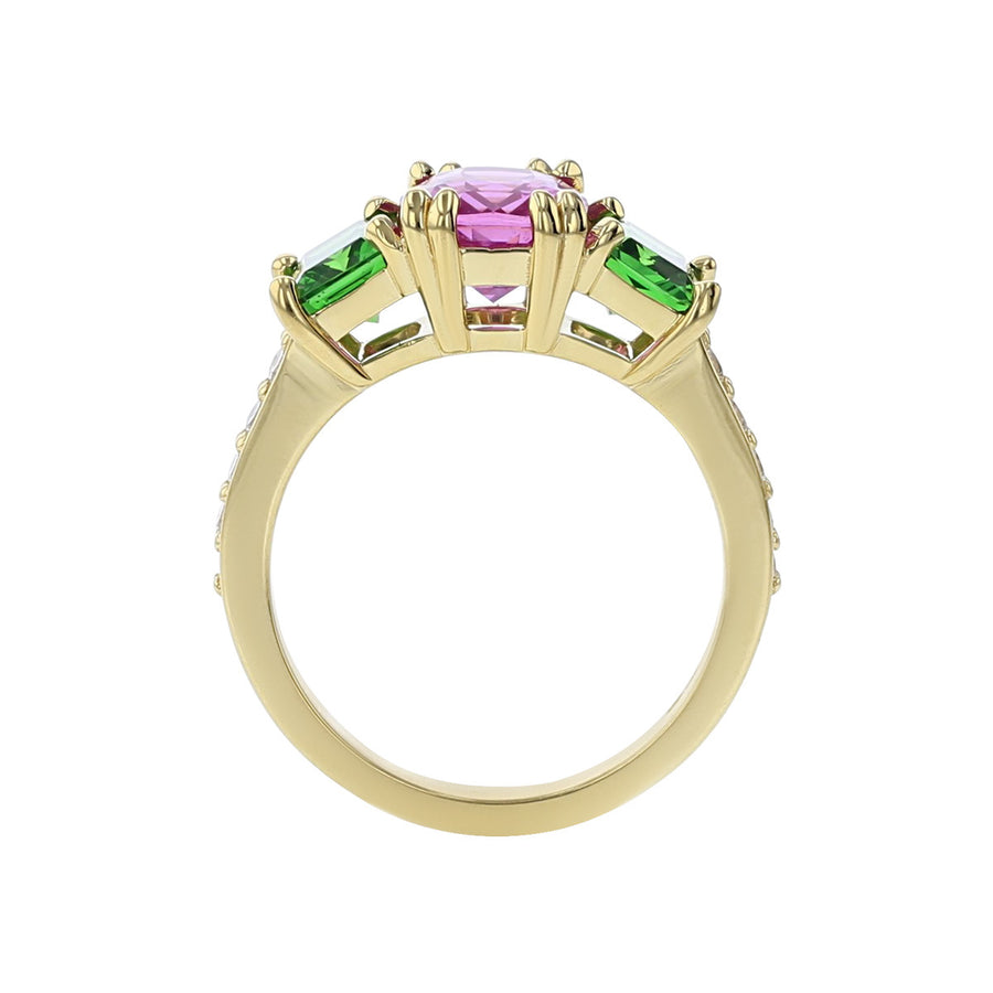 Pink Sapphire, Tsavorite and Diamond 3-Stone Ring