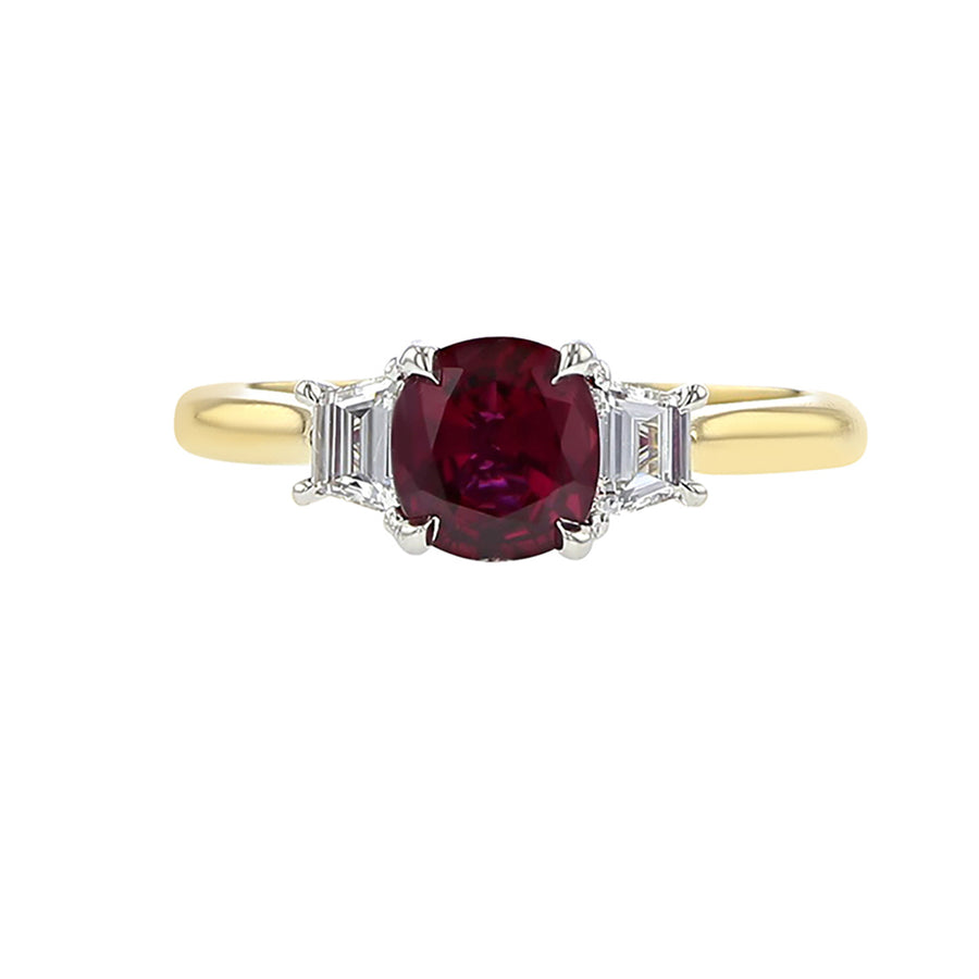 Mozambique Ruby and Trapezoid Diamond 3-Stone Ring