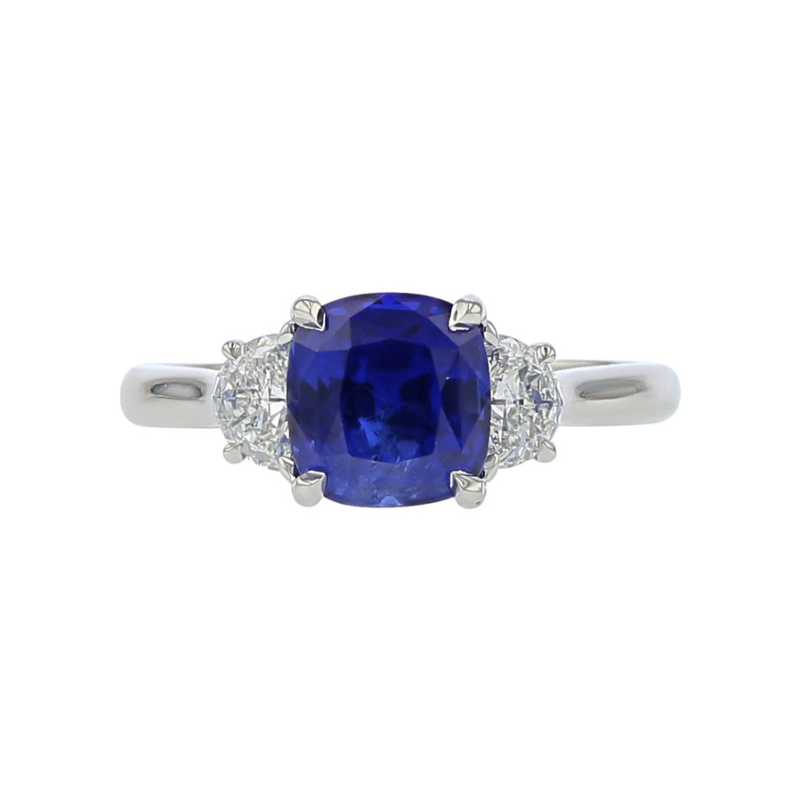 Cushion-cut Ceylon Sapphire and Half Moon Diamond 3-Stone Ring
