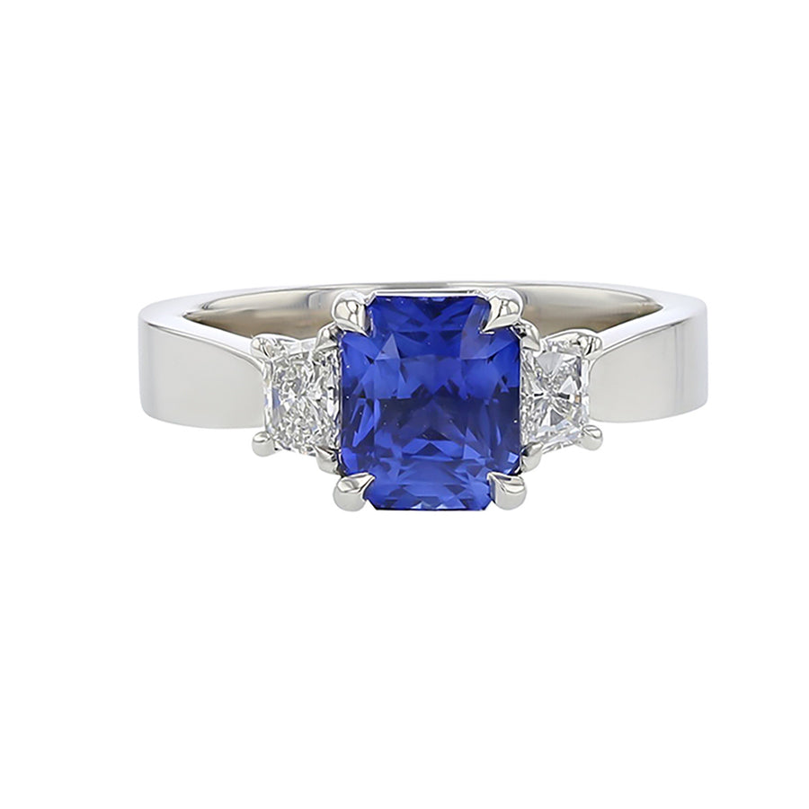 Radiant Sri Lankan Sapphire and Trapezoid Diamond 3-Stone Ring