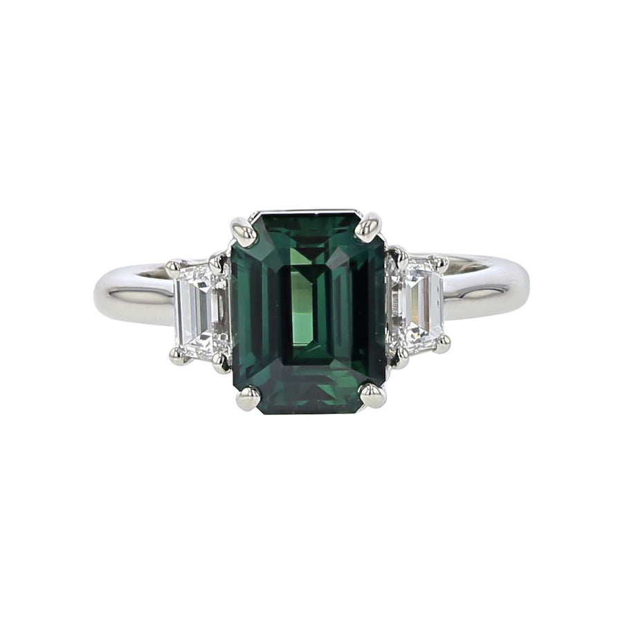 Emerald-cut Teal Sapphire and Trapezoid Diamond Ring