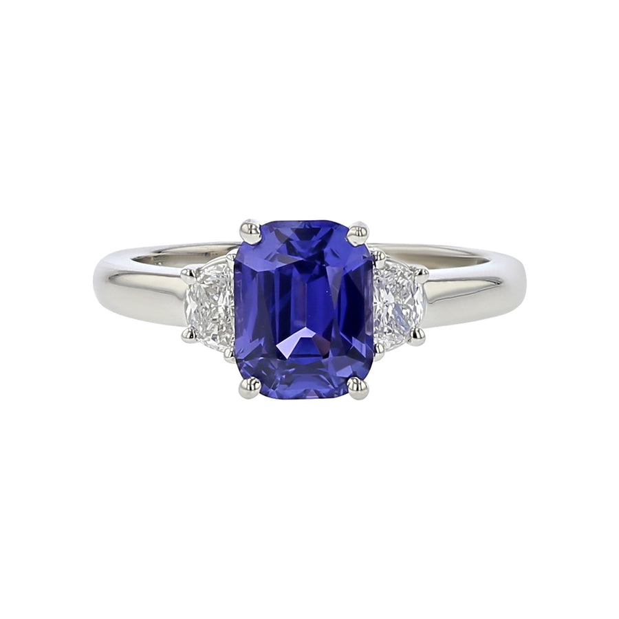 Cushion-cut Burma Color Change Sapphire and Diamond 3-Stone Ring