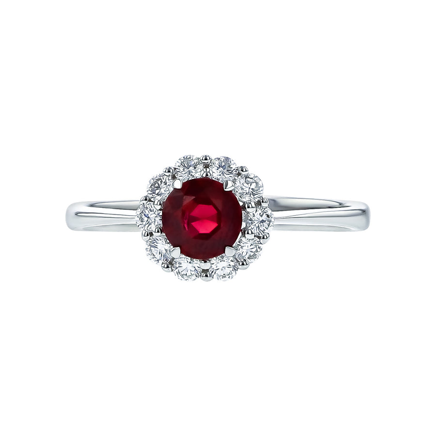 Round Ruby Ring with Scalloped Diamond Halo