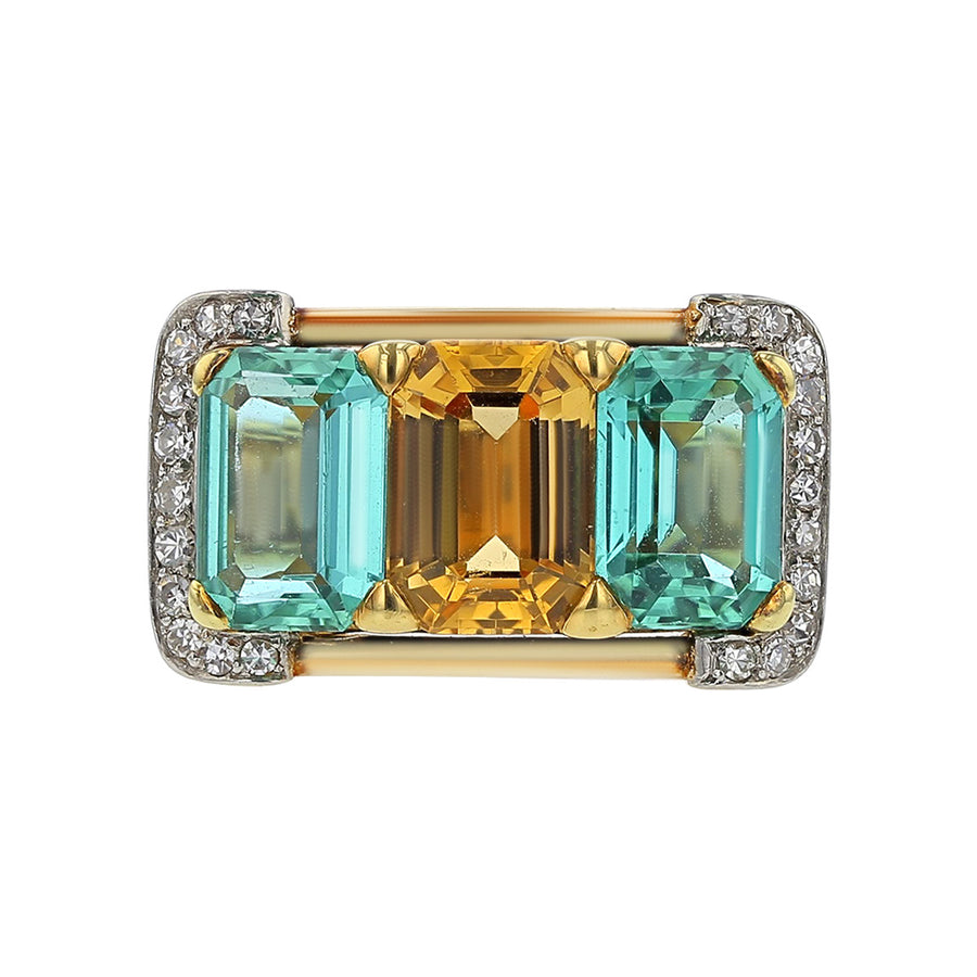 14K Yellow Gold Topaz, Tourmaline and Diamond Ring