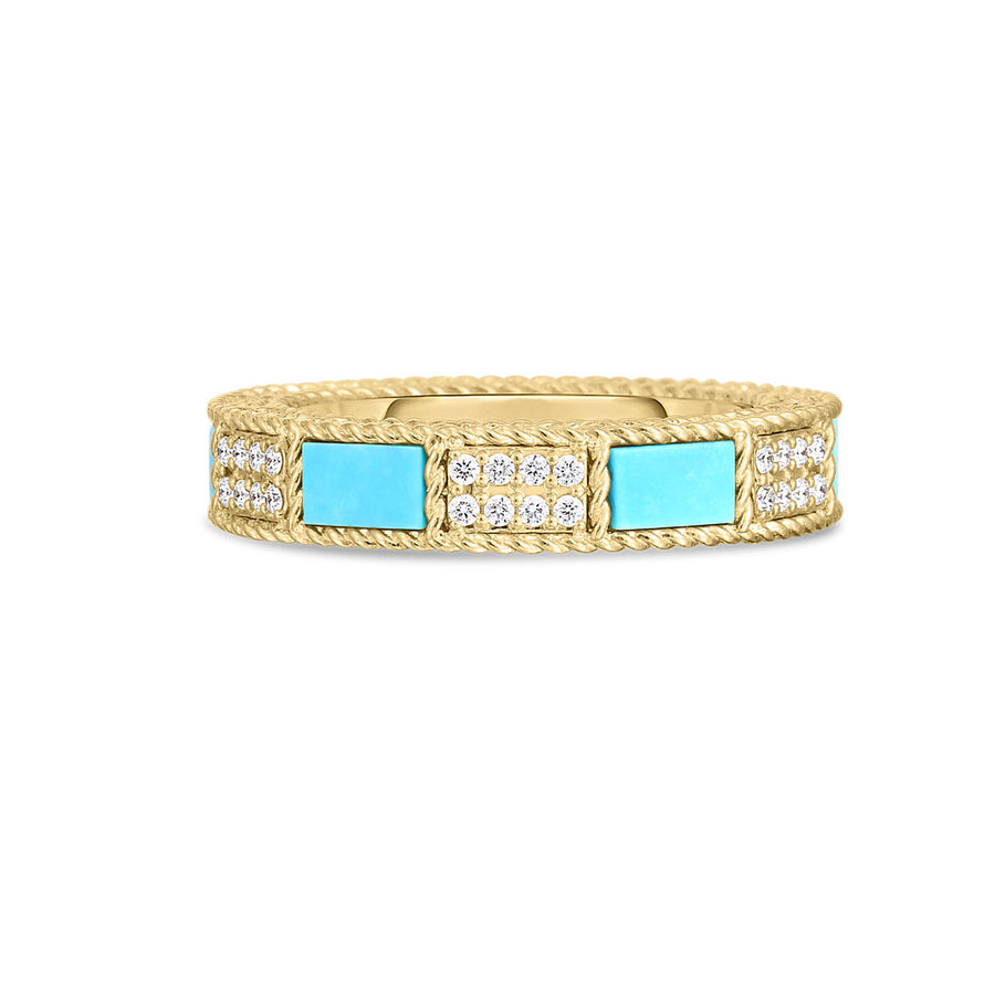 18K Yellow and White Gold Mosaic Alternating Diamond and Turquoise Ring