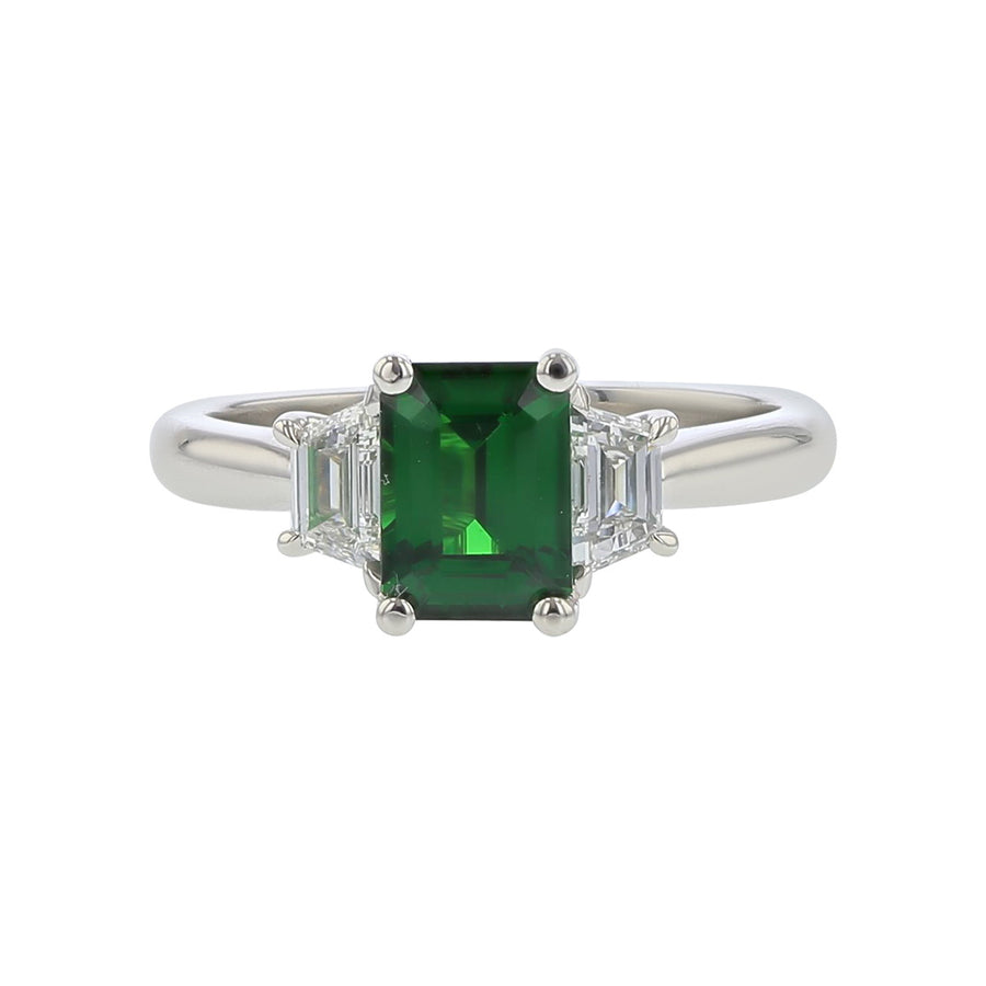 Platinum Tsavorite and Diamond 3-Stone Ring