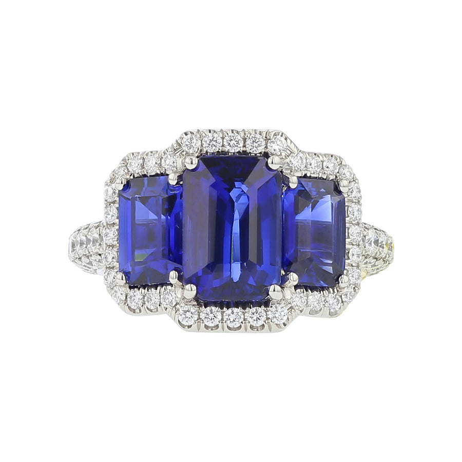 3-Stone-Halo Emerald Cut Blue Sapphire Engagement Ring