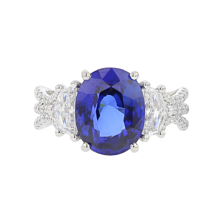 Three-Stone Oval Shaped Blue Sapphire Engagement Ring