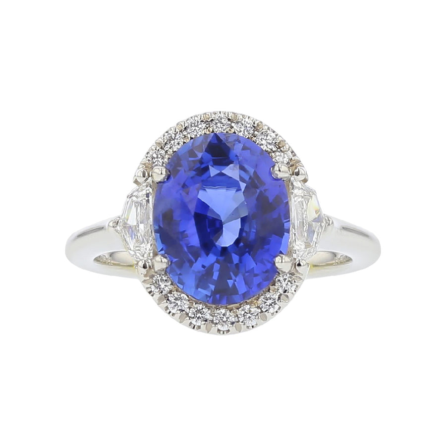 Oval Shaped Blue Sapphire Halo 3-Stone Engagement Ring