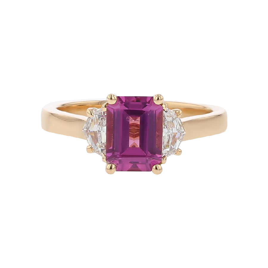 Emerald-cut Umba Purple Garnet and Diamond 3-Stone Ring