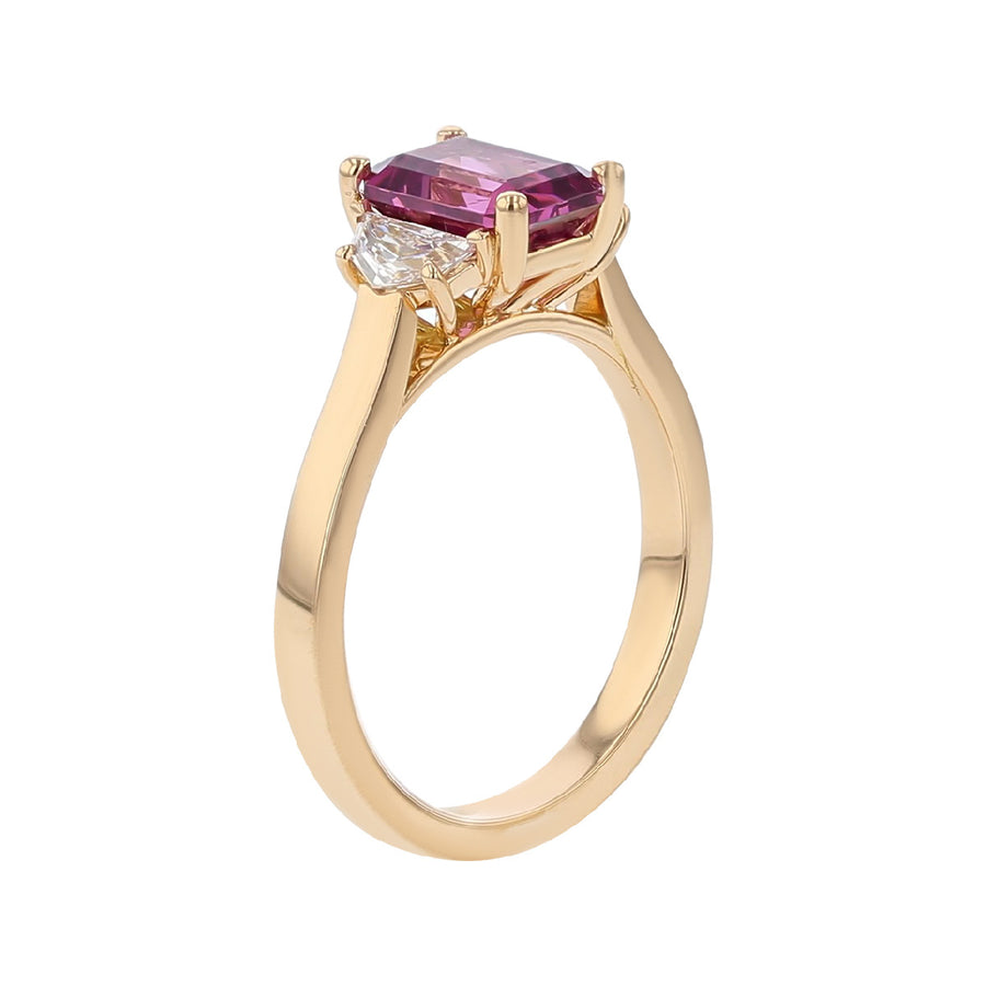 Emerald-cut Umba Purple Garnet and Diamond 3-Stone Ring