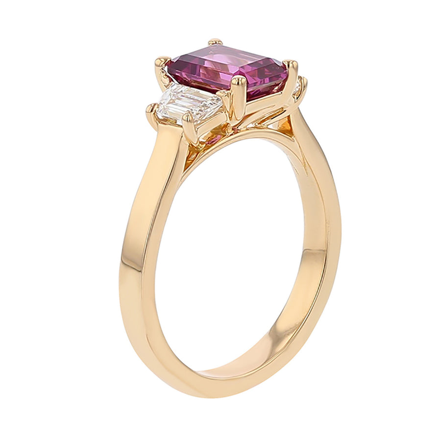 Emerald-cut Umba Valley Purple Garnet and Diamond 3-Stone Ring