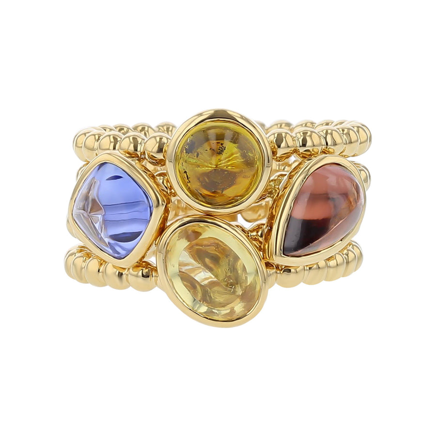 18K Yellow Gold Multicolor Sapphire 4-Row Ring