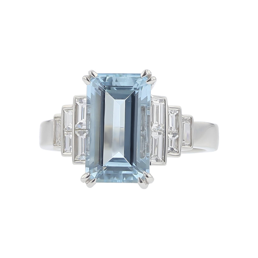 Emerald-cut Aquamarine and Baguette Diamond Ring