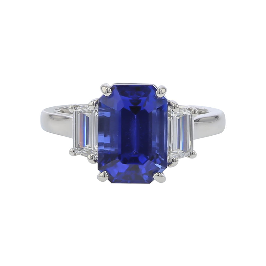 Emerald-cut Sri Lankan Sapphire and Diamond 3-Stone Ring