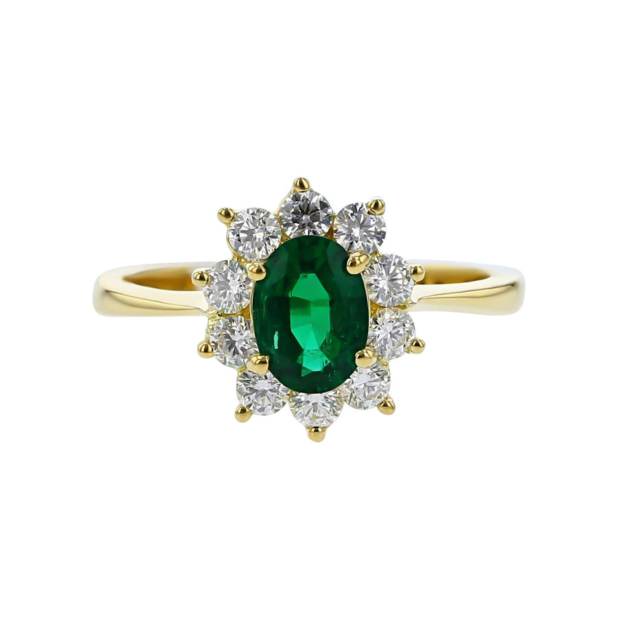 18K Yellow Gold Emerald and Diamond Halo Ring